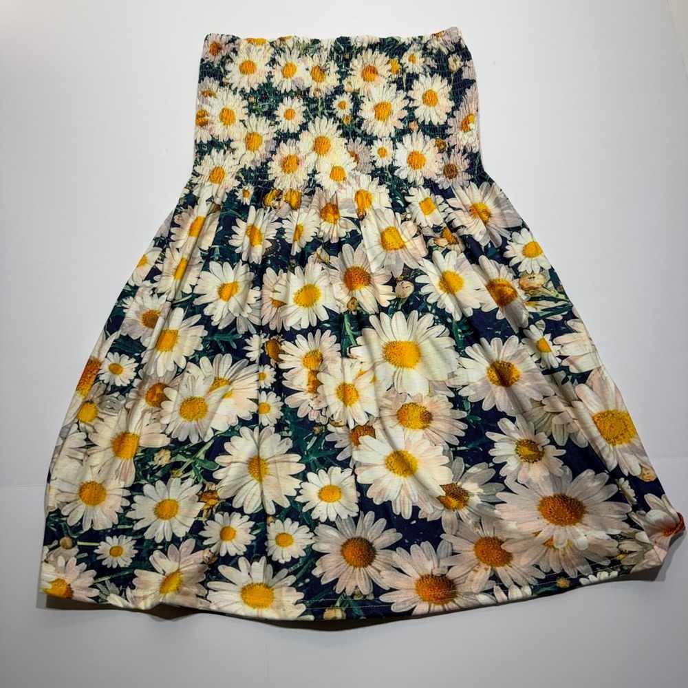 Floral Daisy Smocked Tube Top Navy Blue White Strapless Peplum Boho Summer Shirt